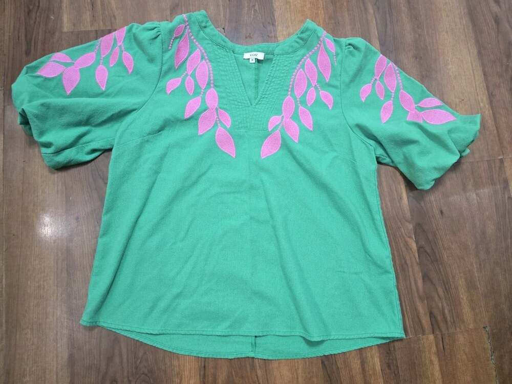 VOY Green Floral Lace V-NeckBoho Embroidered Puff Bubble Sleeve Cotton Linen Mix - Picture 3 of 15